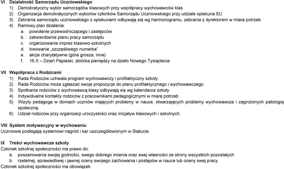 powołanie przewodniczącego i zastępców b. zatwierdzenie planu pracy samorządu c. organizowanie imprez klasowo-szkolnych d. losowanie szczęśliwego numerka e. akcje charytatywne (góra grosza, inne) f.