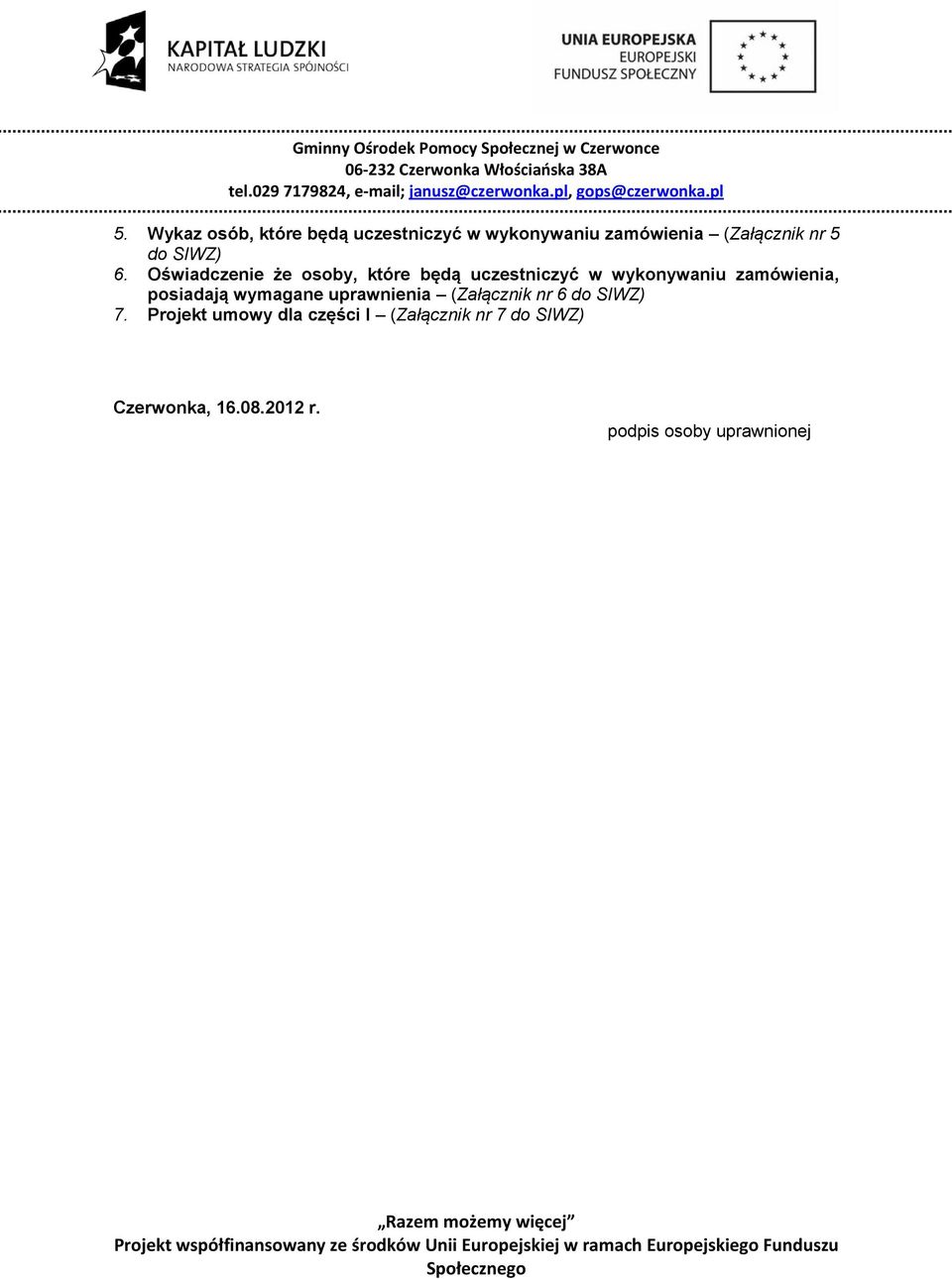 Oświadczenie że osoby, które będą uczestniczyć w wykonywaniu zamówienia,