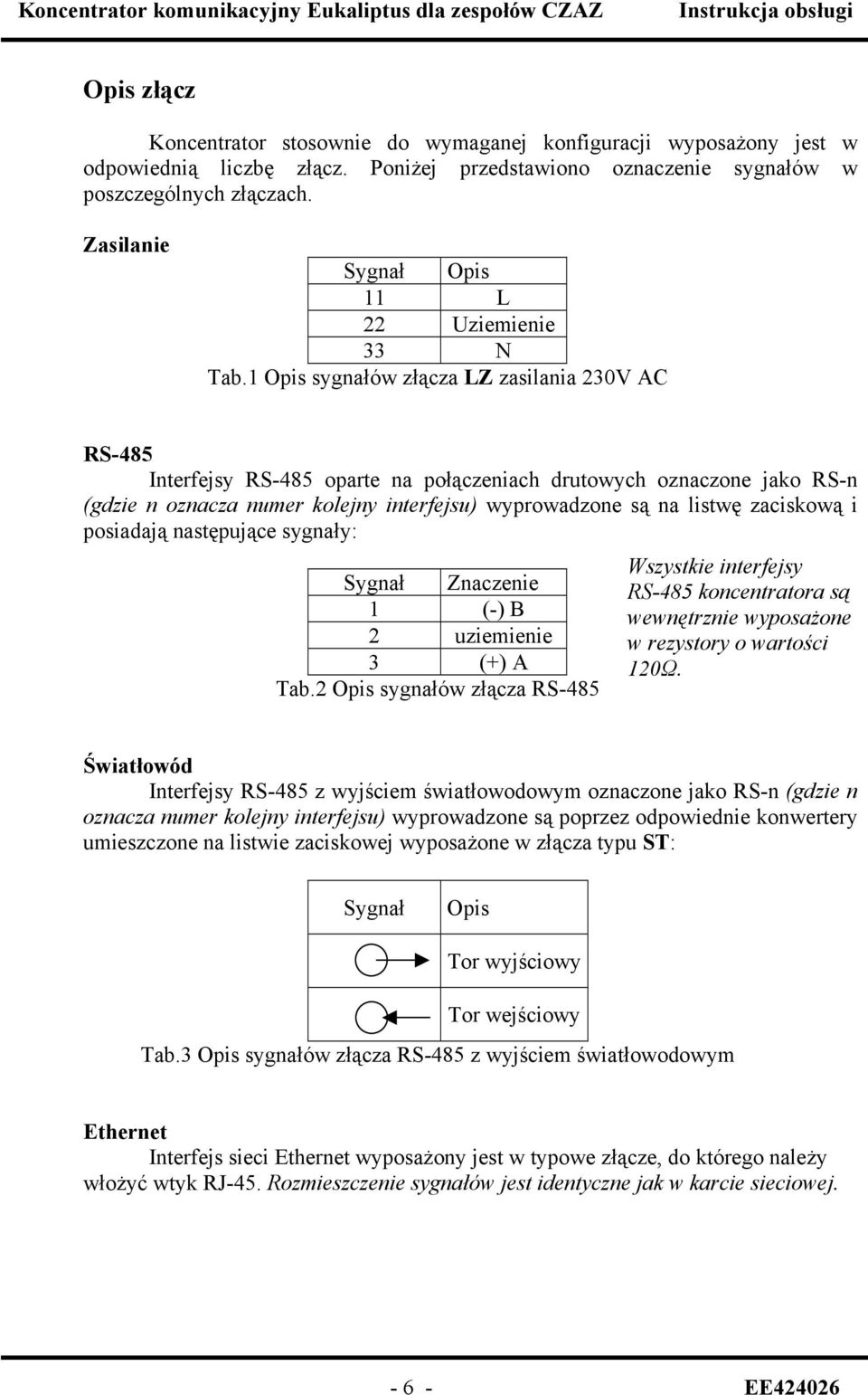 1 Opis sygnałów złącza LZ zasilania 230V AC RS-485 Interfejsy RS-485 oparte na połączeniach drutowych oznaczone jako RS-n (gdzie n oznacza numer kolejny interfejsu) wyprowadzone są na listwę