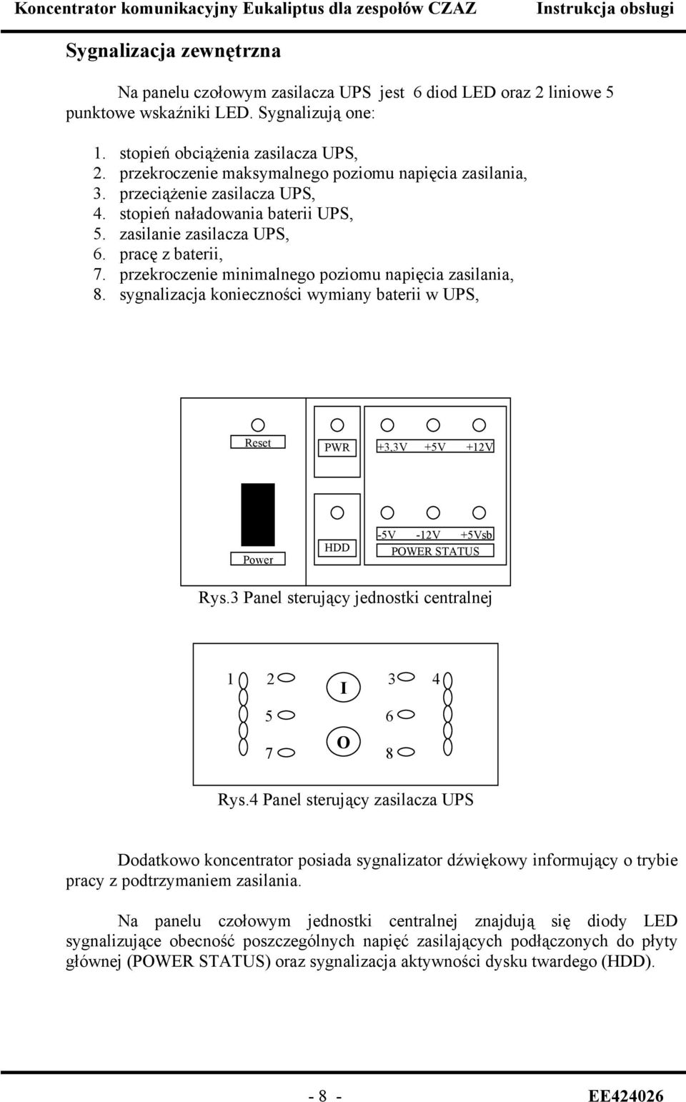 przekroczenie minimalnego poziomu napięcia zasilania, 8. sygnalizacja konieczności wymiany baterii w UPS, Reset PWR +3,3V +5V +12V Power HDD -5V -12V +5Vsb POWER STATUS Rys.