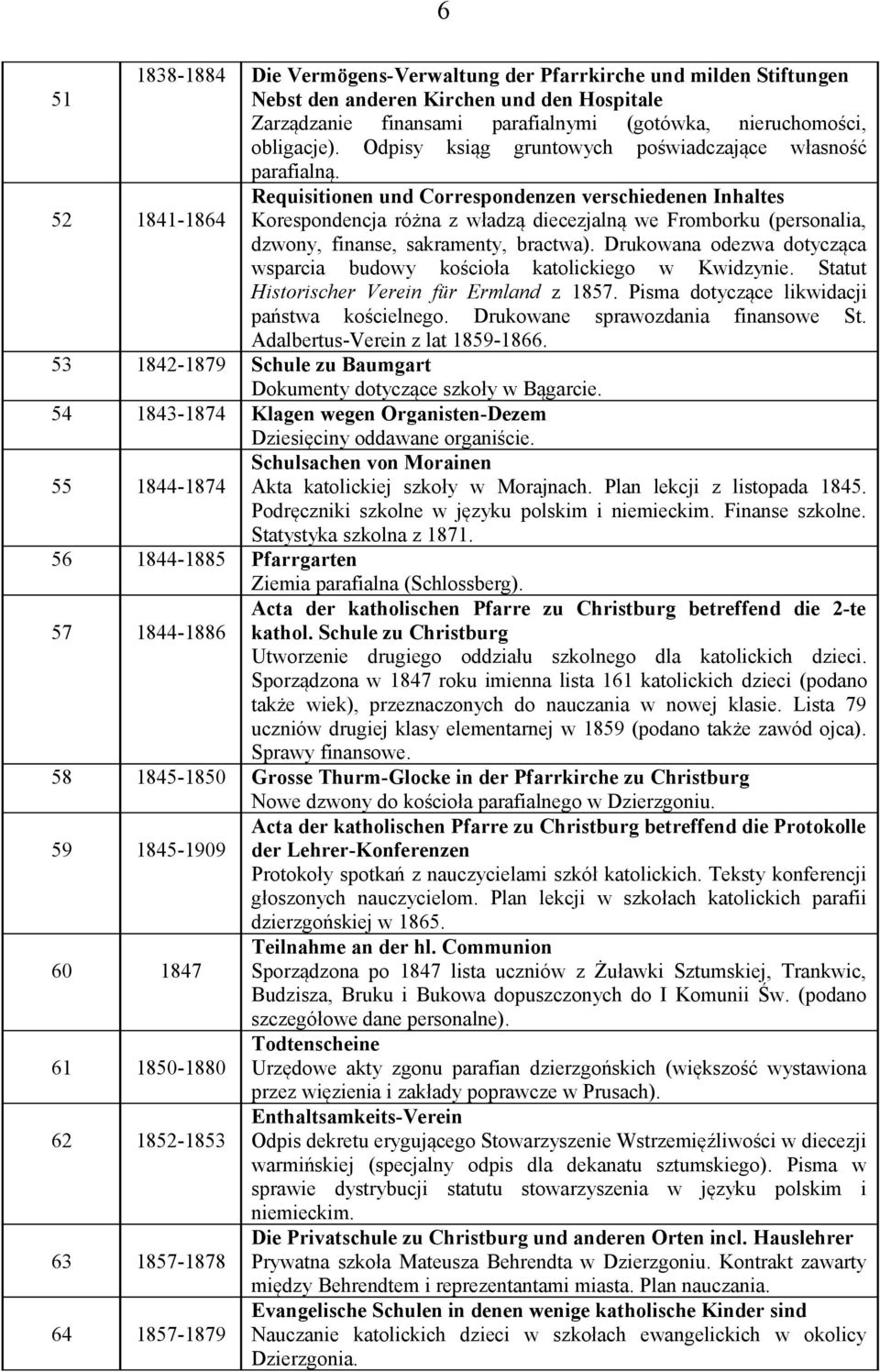 52 1841-1864 Requisitionen und Correspondenzen verschiedenen Inhaltes Korespondencja różna z władzą diecezjalną we Fromborku (personalia, dzwony, finanse, sakramenty, bractwa).