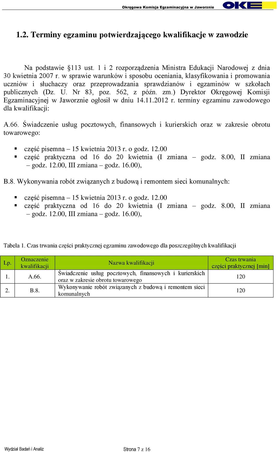 ) Dyrektor Okręgowej Komisji Egzaminacyjnej w Jaworznie ogłosił w dniu 14.11.2012 r. terminy egzaminu zawodowego dla kwalifikacji: A.66.