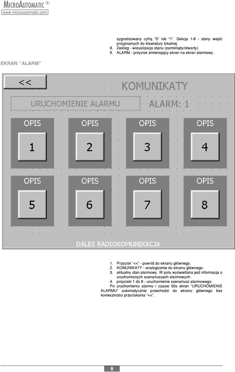 KOMUNIKATY - analogicznie do ekranu g³ównego. 3. aktualny stan alarmowy. W polu wyœwietlana jest informacja o uruchomionych scenariuszach alarmowych. 4.