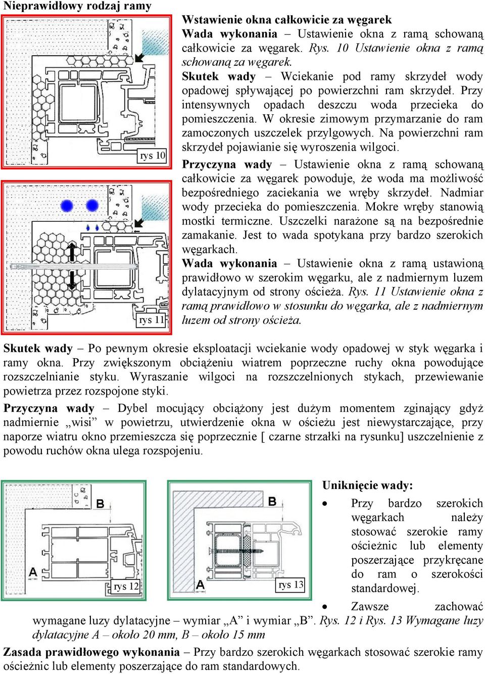 W okresie zimowym przymarzanie do ram zamoczonych uszczelek przylgowych. Na powierzchni ram skrzydeł pojawianie się wyroszenia wilgoci.