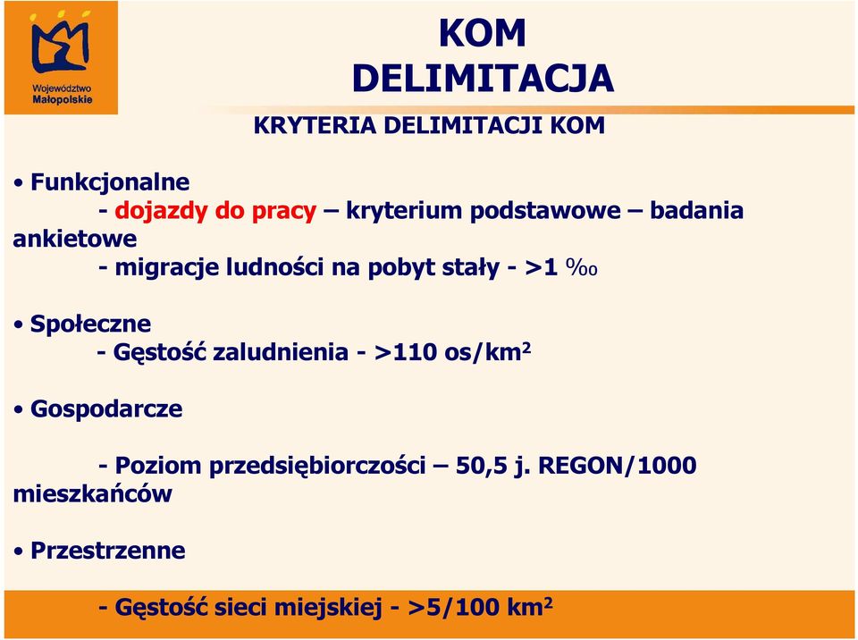 Społeczne - Gęstość zaludnienia - >110 os/km 2 Gospodarcze - Poziom