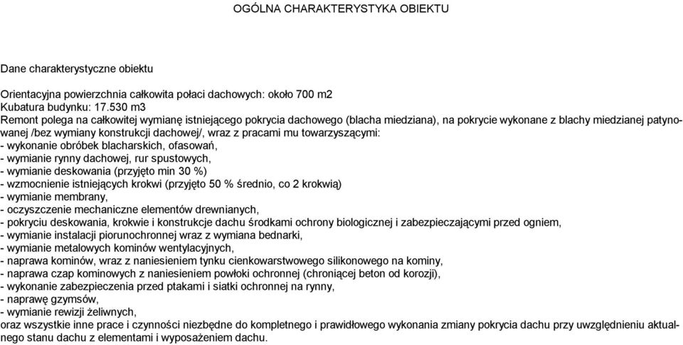 towarzyszącyi: - wykonanie obróbek blacharskich, ofasowań, - wyianie rynny dachowej, rur spustowych, - wyianie deskowania (przyjęto in 30 %) - wzocnienie istniejących krokwi (przyjęto 50 % średnio,