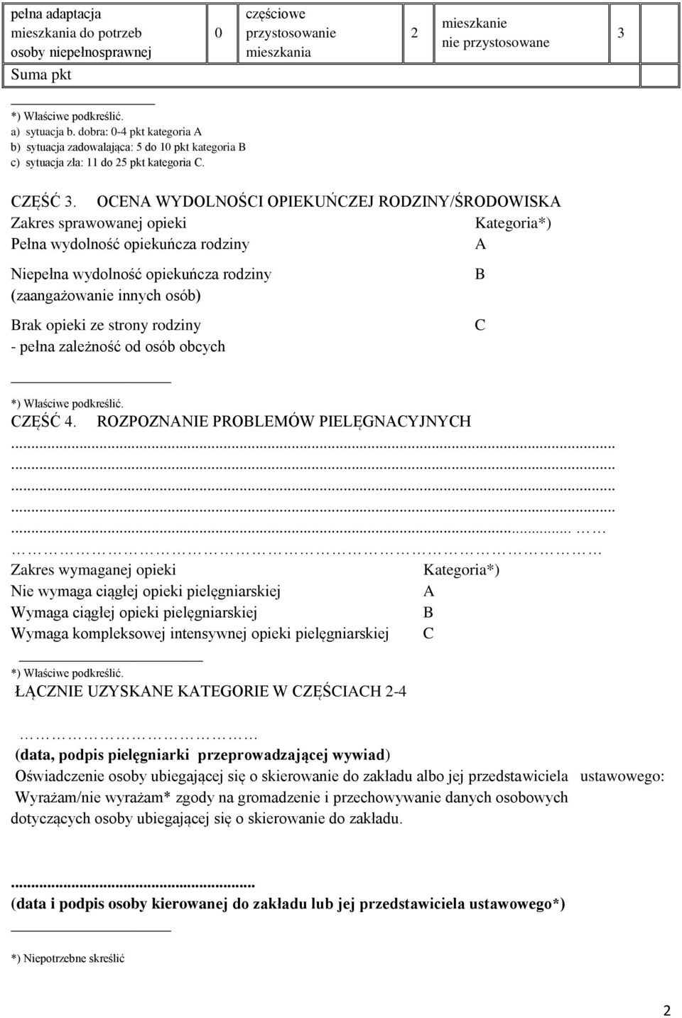 OCENA WYDOLNOŚCI OPIEKUŃCZEJ RODZINY/ŚRODOWISKA Zakres sprawowanej opieki Kategoria*) Pełna wydolność opiekuńcza rodziny A Niepełna wydolność opiekuńcza rodziny (zaangażowanie innych osób) Brak