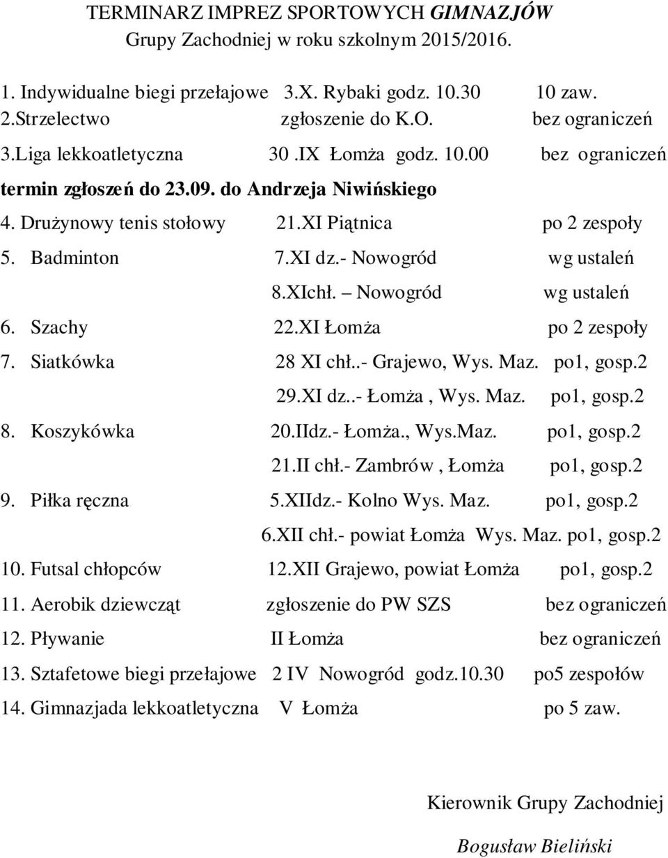 - Nowogród wg ustaleń 8.XIchł. Nowogród wg ustaleń 6. Szachy 22.XI ŁomŜa po 2 zespoły 7. Siatkówka 28 XI chł..- Grajewo, Wys. Maz. po1, gosp.2 29.XI dz..- ŁomŜa, Wys. Maz. po1, gosp.2 8.