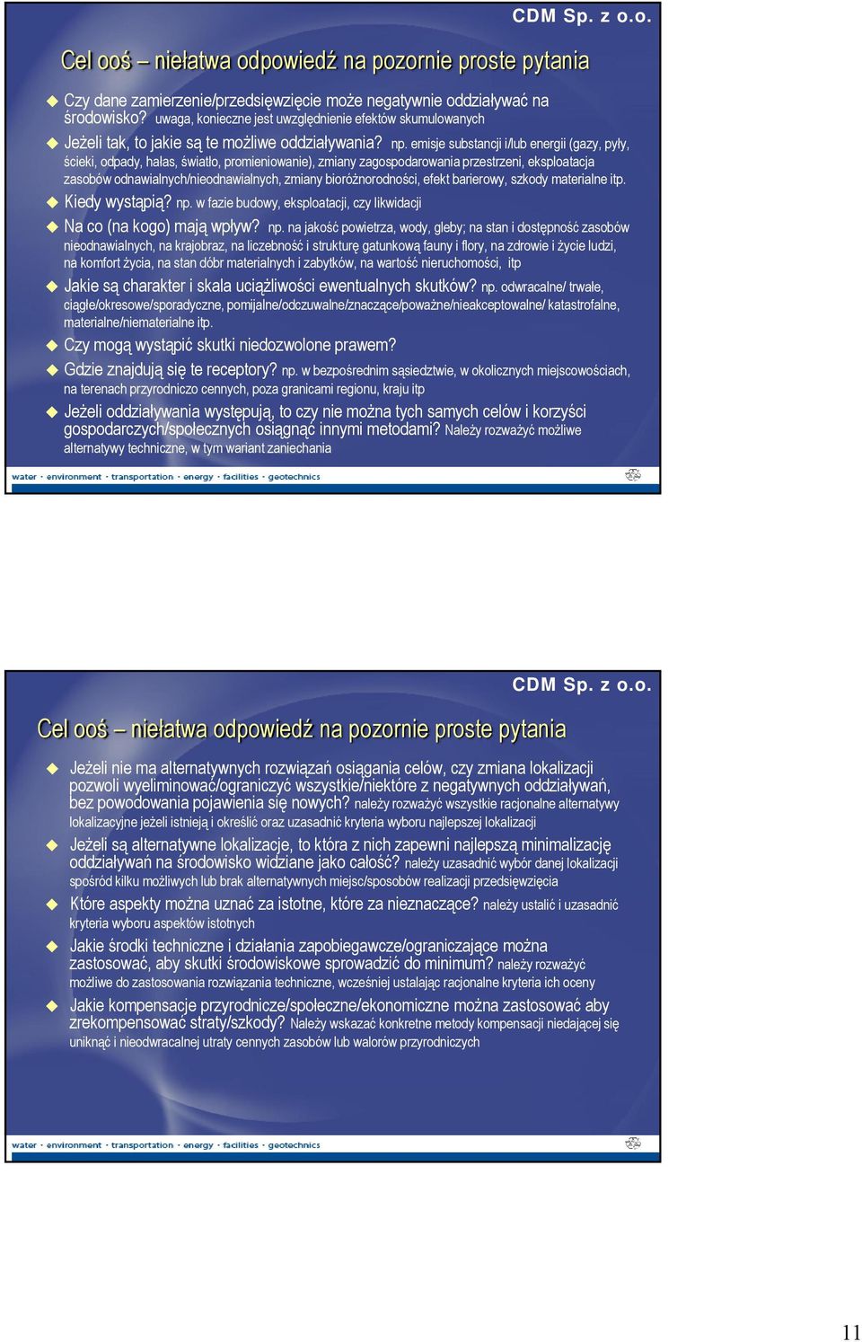 emisje substancji i/lub energii (gazy, pyły, ścieki, odpady, hałas, światło, promieniowanie), zmiany zagospodarowania przestrzeni, eksploatacja zasobów odnawialnych/nieodnawialnych, zmiany