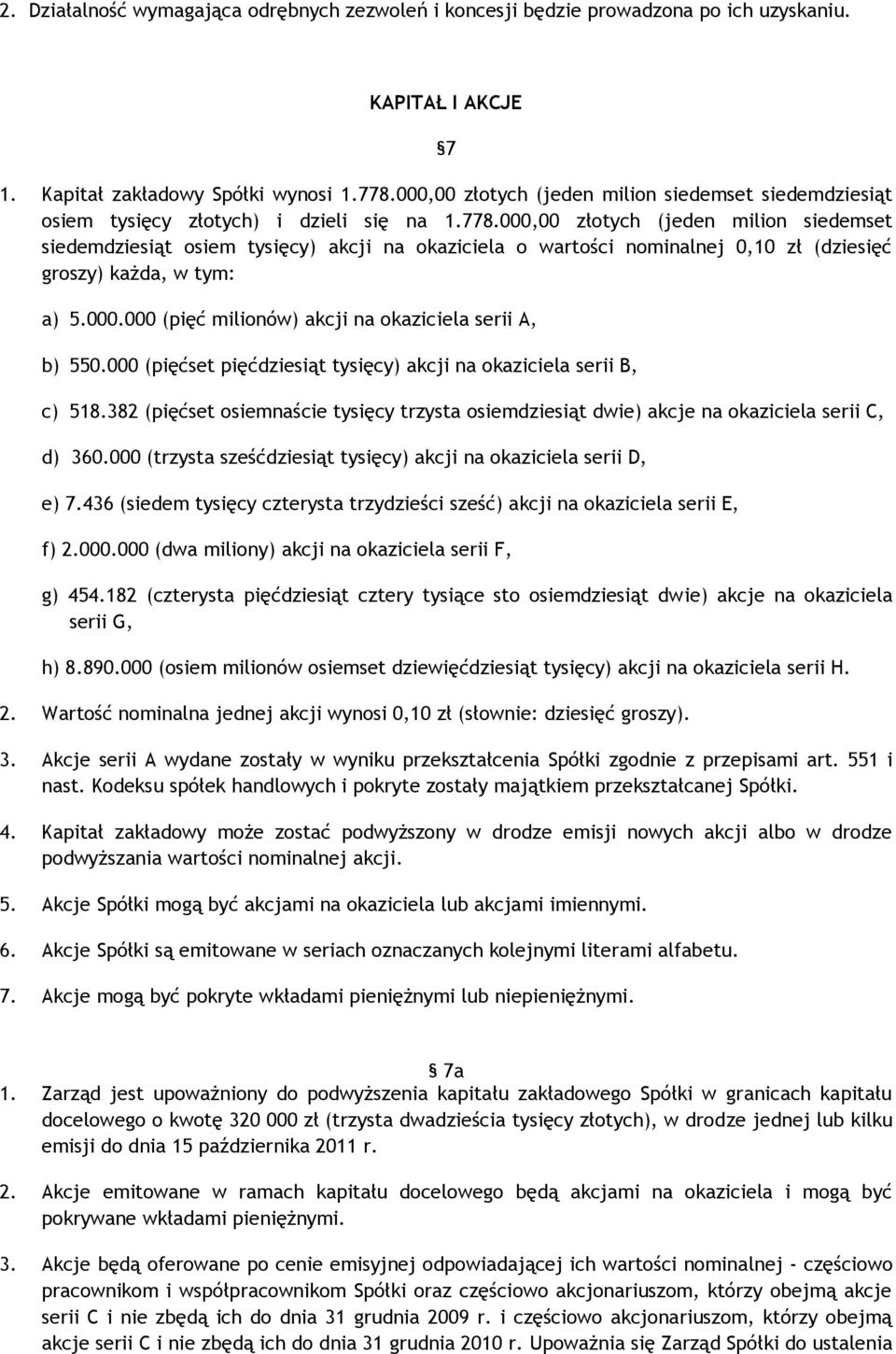 000,00 złotych (jeden milion siedemset siedemdziesiąt osiem tysięcy) akcji na okaziciela o wartości nominalnej 0,10 zł (dziesięć groszy) każda, w tym: a) 5.000.000 (pięć milionów) akcji na okaziciela serii A, b) 550.