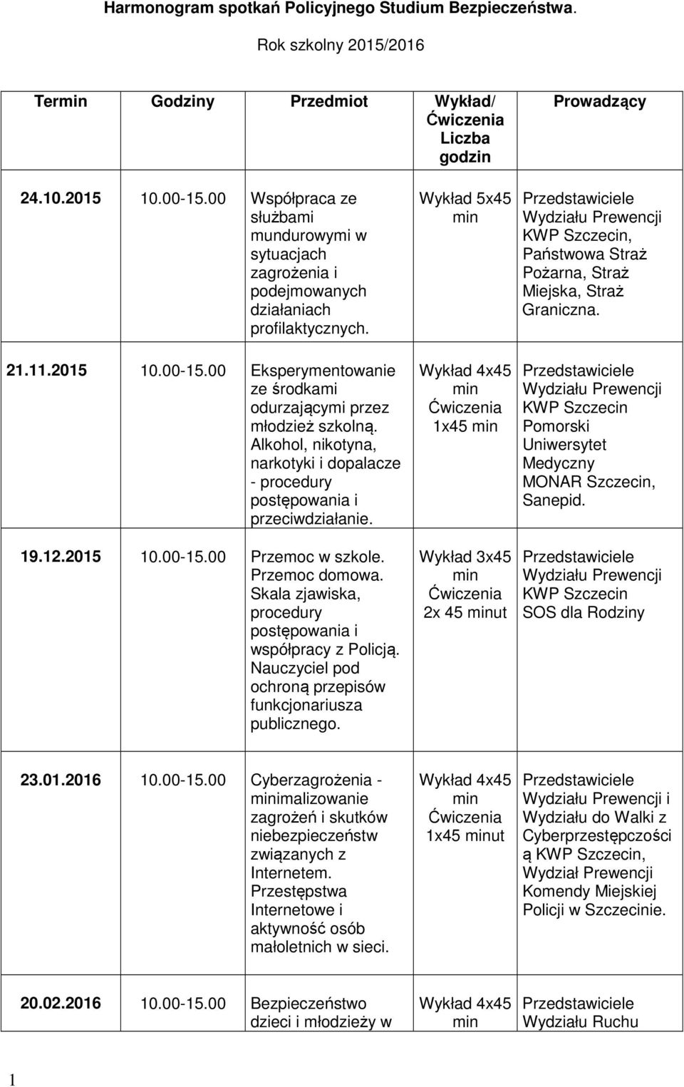 Alkohol, nikotyna, narkotyki i dopalacze - procedury postępowania i przeciwdziałanie. 19.12.2015 10.00-15.00 Przemoc w szkole. Przemoc domowa.