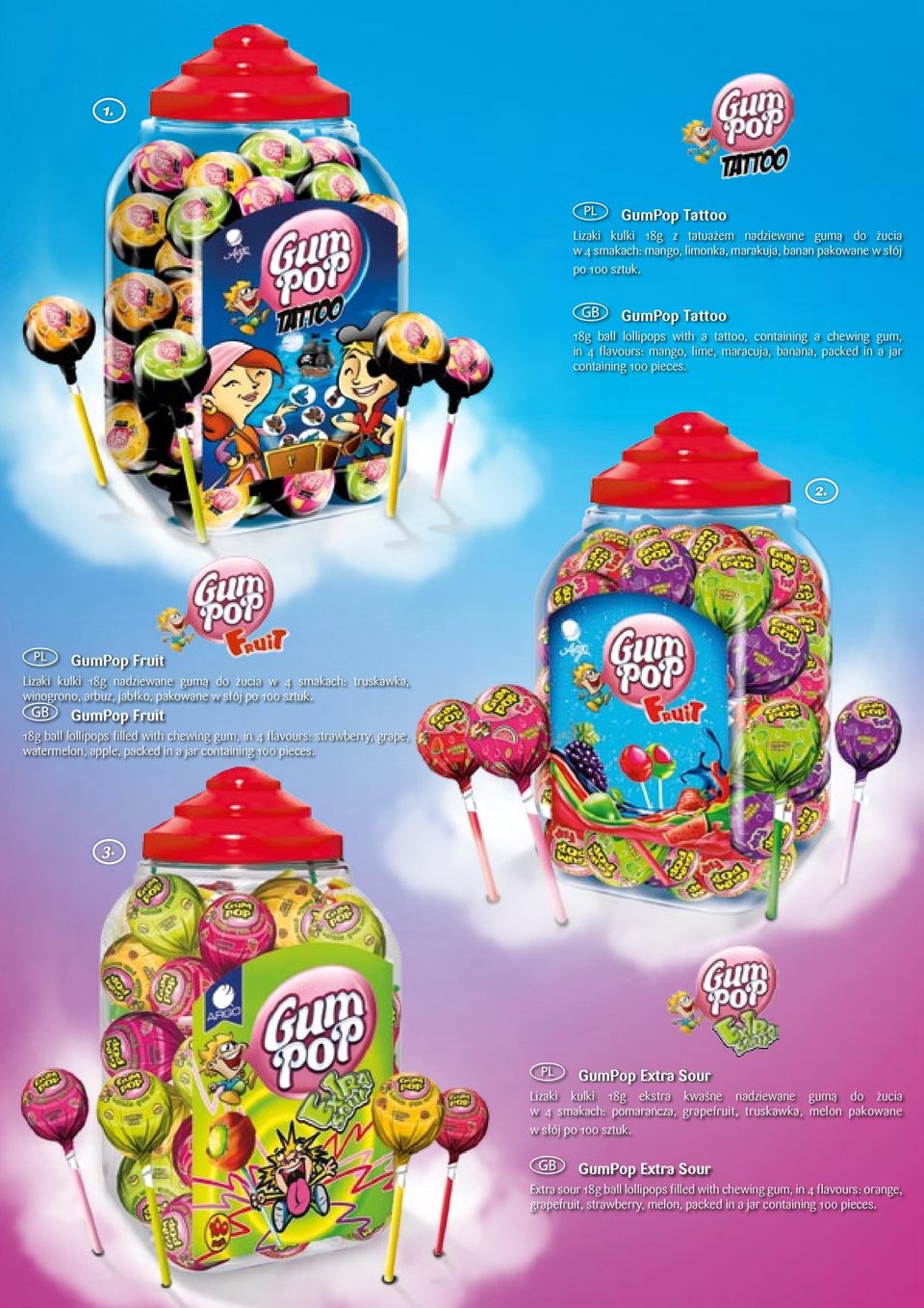 GumPop Fruit Lizaki kulki 18g nadziewane gumą do żucia w 4 smakach: truskawka, winogrono, arbuz, jabłko, pakowane w słój po 100 sztuk.