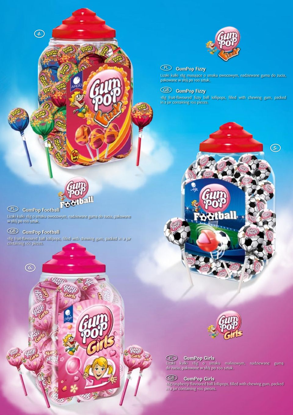 GumPop Football Lizaki kulki 18g o smaku owocowym, nadziewane gumą do żucia, pakowane w słój po 100 sztuk.