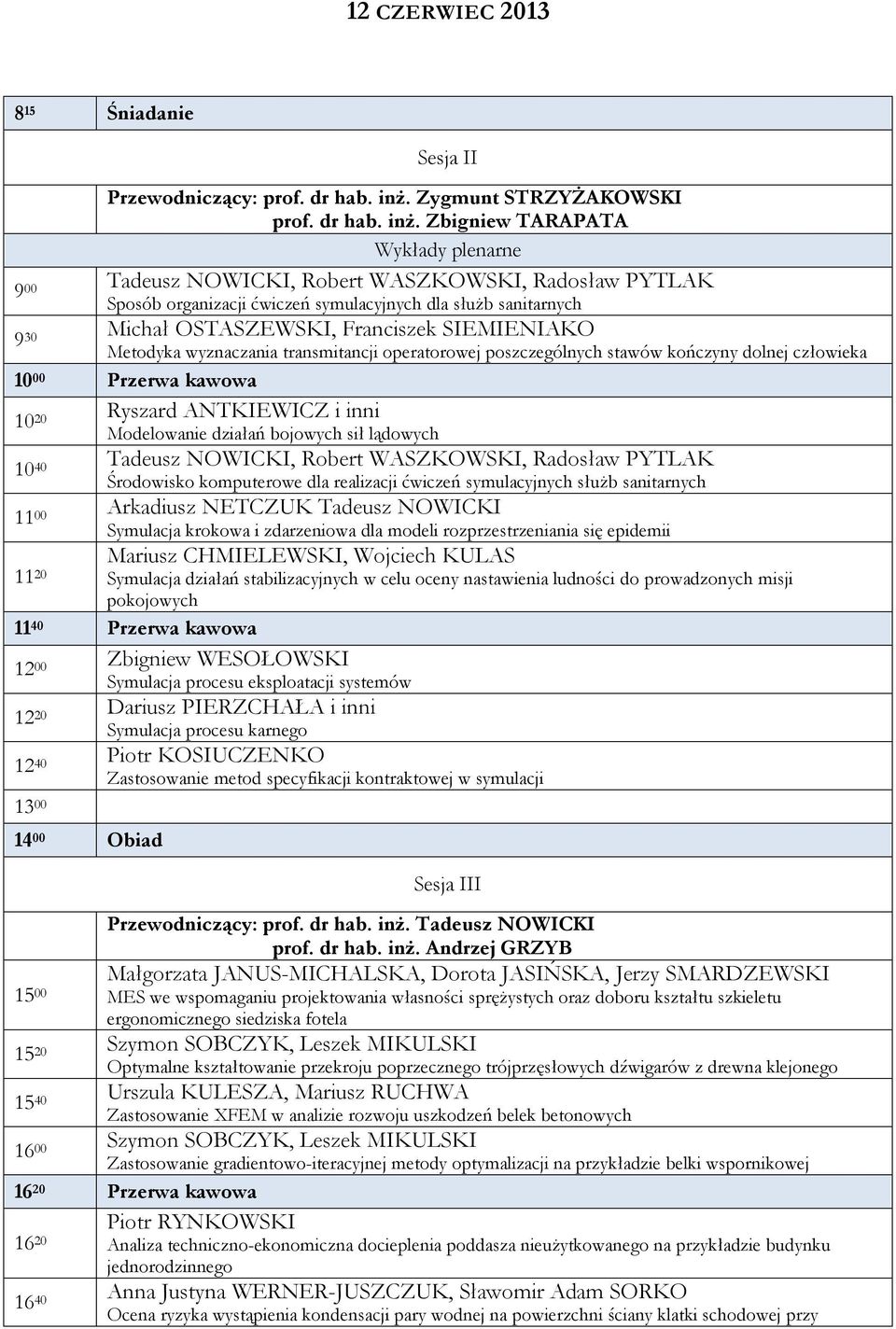Zbigniew TARAPATA Wykłady plenarne 9 00 Tadeusz NOWICKI, Robert WASZKOWSKI, Radosław PYTLAK Sposób organizacji ćwiczeń symulacyjnych dla służb sanitarnych 9 30 Michał OSTASZEWSKI, Franciszek