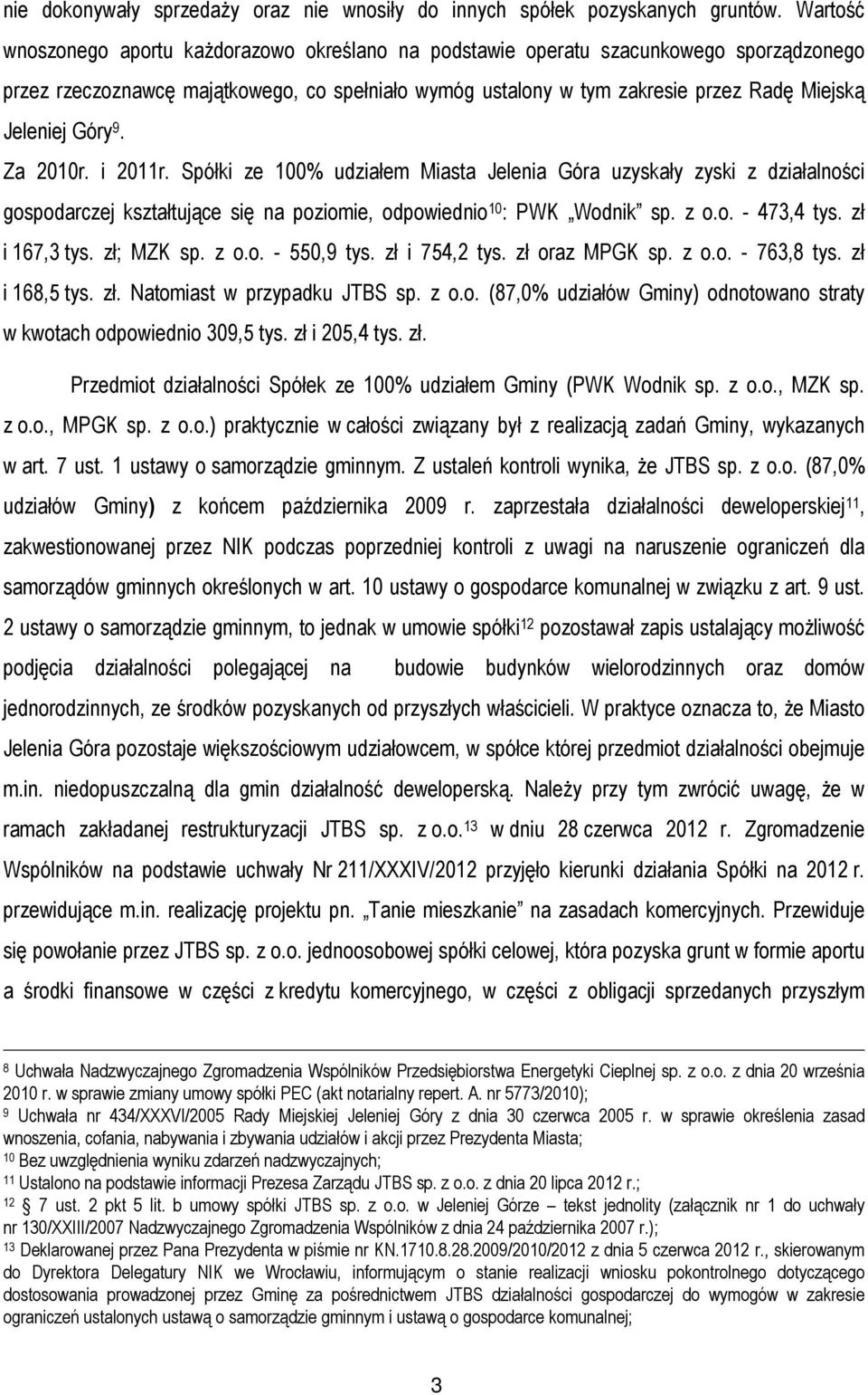 Góry 9. Za 2010r. i 2011r. Spółki ze 100% udziałem Miasta Jelenia Góra uzyskały zyski z działalności gospodarczej kształtujące się na poziomie, odpowiednio 10 : PWK Wodnik sp. z o.o. - 473,4 tys.