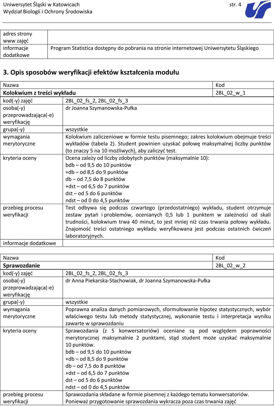 Student powinien uzyskać połowę maksymalnej liczby punktów (to znaczy 5 na 10 możliwych), aby zaliczyć test.