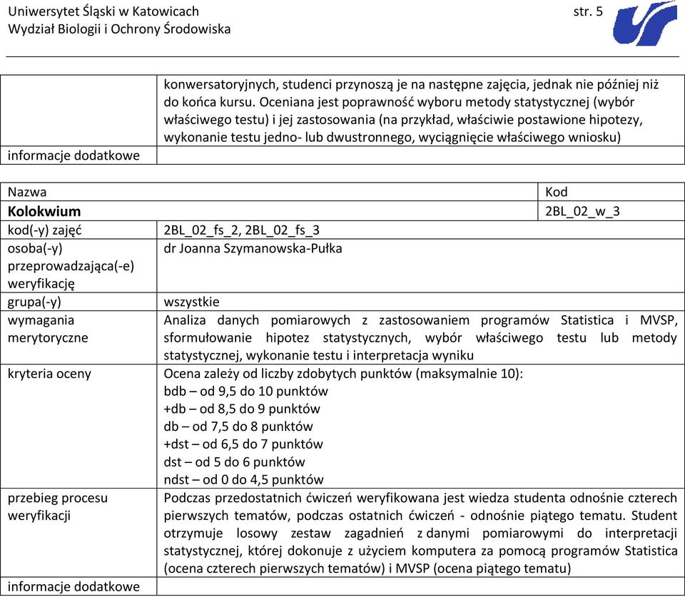 wniosku) Kolokwium kod(-y) 2BL_02_w_3 Analiza danych pomiarowych z zastosowaniem programów Statistica i MVSP, sformułowanie hipotez statystycznych, wybór właściwego testu lub statystycznej, wykonanie