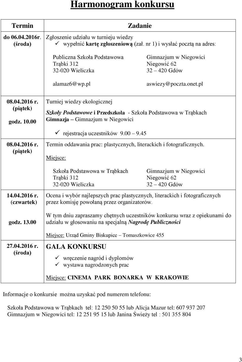 10.00 Turniej wiedzy ekologicznej Szkoły Podstawowe i Przedszkola - Szkoła Podstawowa w Trąbkach Gimnazja Gimnazjum w Niegowici rejestracja uczestników 9.00 9.45 08.04.2016 r.