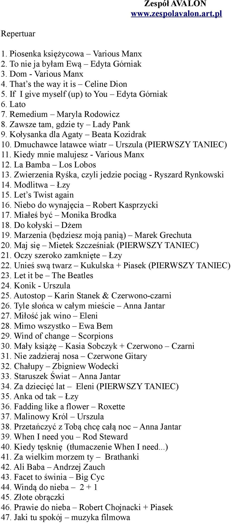 Dmuchawce latawce wiatr Urszula (PIERWSZY TANIEC) 11. Kiedy mnie malujesz - Various Manx 12. La Bamba Los Lobos 13. Zwierzenia Ryśka, czyli jedzie pociąg - Ryszard Rynkowski 14. Modlitwa Łzy 15.