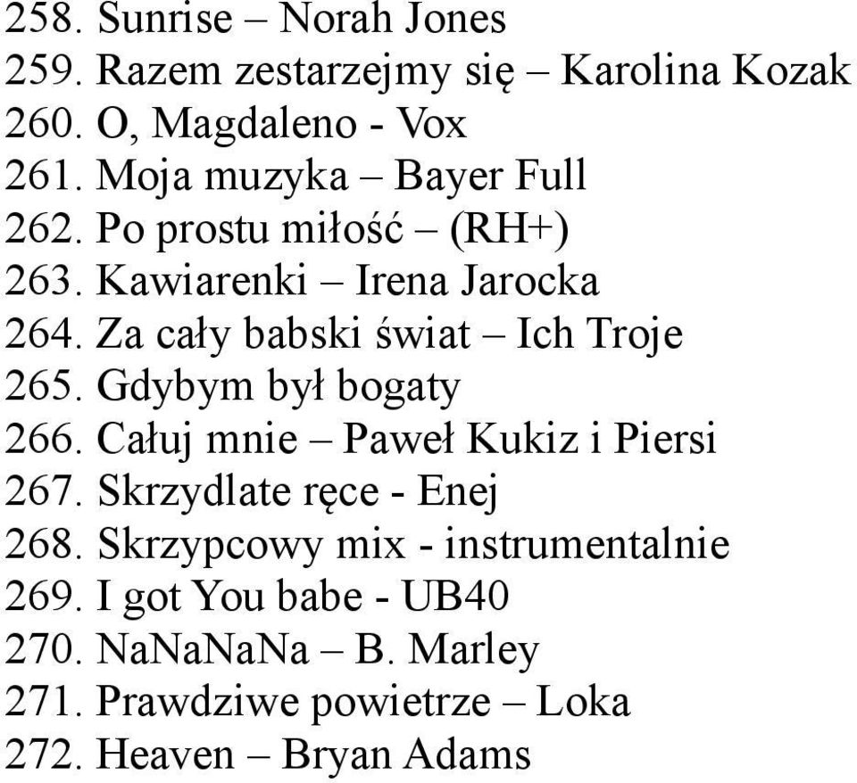 Za cały babski świat Ich Troje 265. Gdybym był bogaty 266. Całuj mnie Paweł Kukiz i Piersi 267.