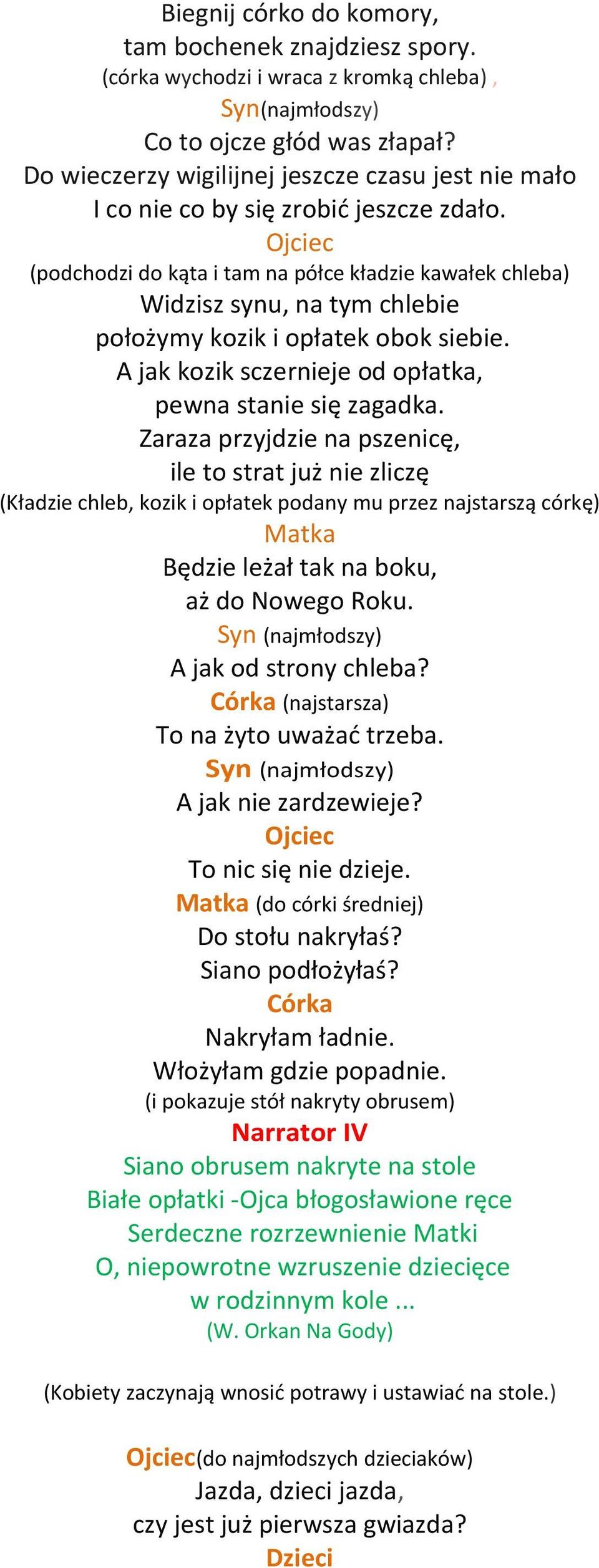 (podchodzi do kąta i tam na półce kładzie kawałek chleba) Widzisz synu, na tym chlebie położymy kozik i opłatek obok siebie. A jak kozik sczernieje od opłatka, pewna stanie się zagadka.