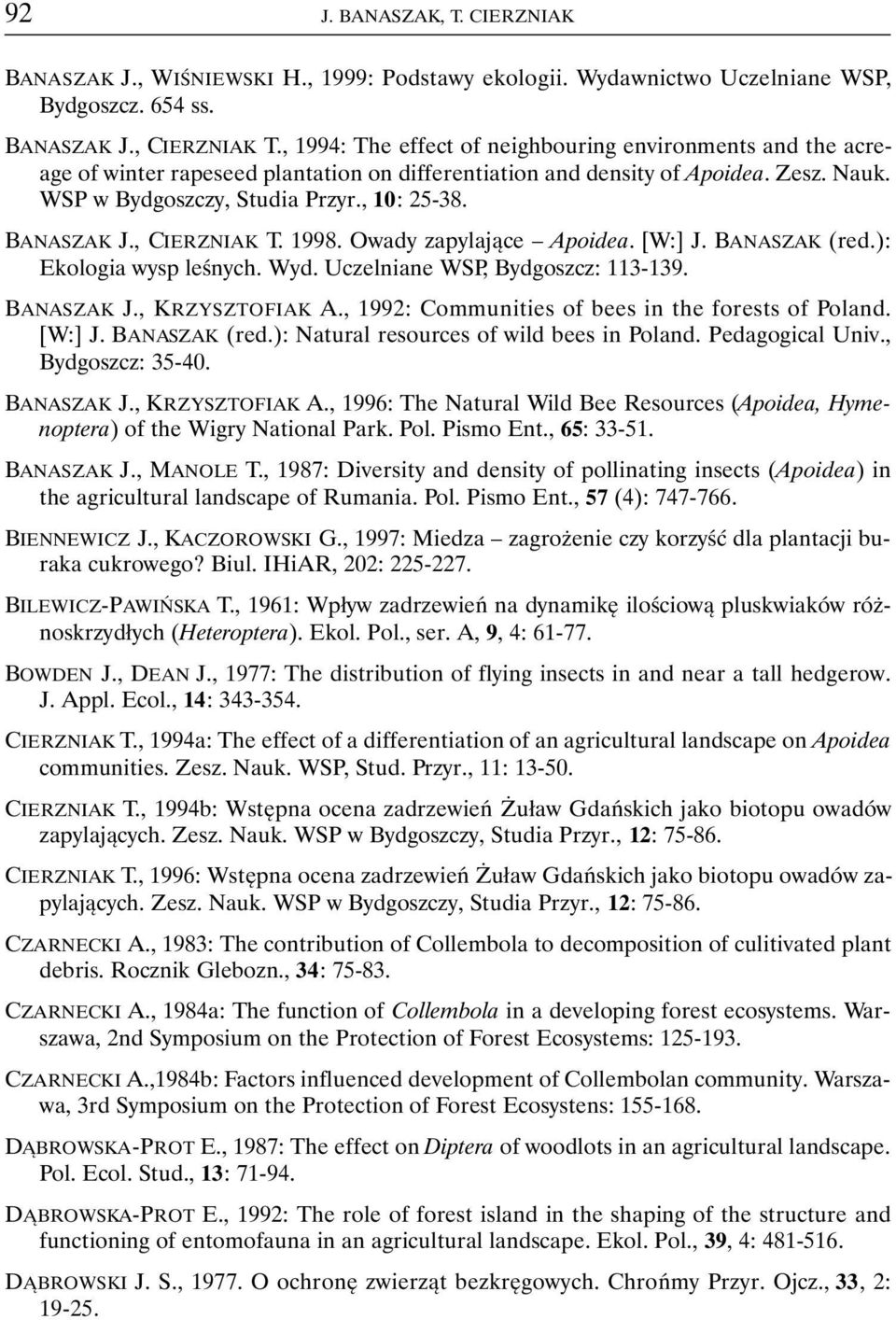 BANASZAK J., CIERZNIAK T. 1998. Owady zapylające Apoidea. [W:] J. BANASZAK (red.): Ekologia wysp leśnych. Wyd. Uczelniane WSP, Bydgoszcz: 113-139. BANASZAK J., KRZYSZTOFIAK A.