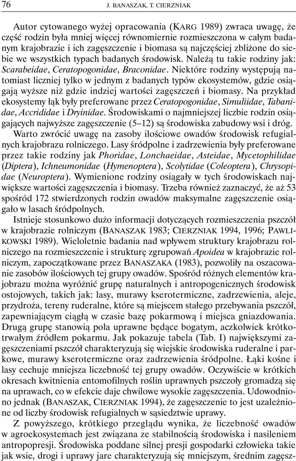 najczęściej zbliżone do siebie we wszystkich typach badanych środowisk. Należą tu takie rodziny jak: Scarabeidae, Ceratopogonidae, Braconidae.