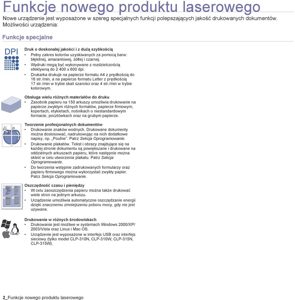 Wydruki mogą być wykonywane z rozdzielczością efektywną do 2 400 x 600 dpi. Drukarka drukuje na papierze formatu A4 z prędkością do 16 str./min, a na papierze formatu Letter z prędkością 17 str.