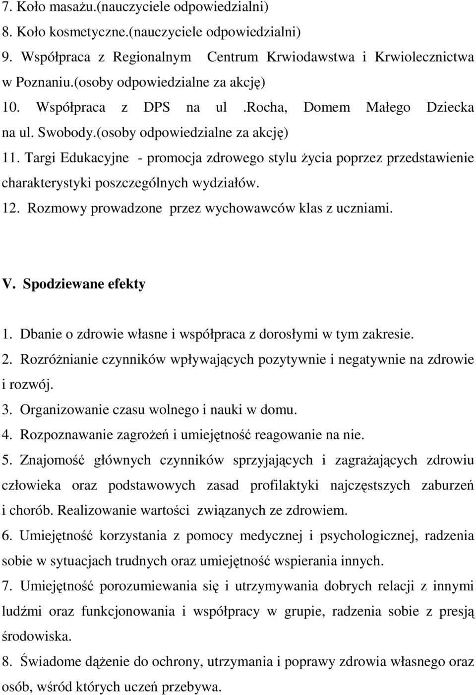 Targi Edukacyjne - promocja zdrowego stylu Ŝycia poprzez przedstawienie charakterystyki poszczególnych wydziałów. 12. Rozmowy prowadzone przez wychowawców klas z uczniami. V. Spodziewane efekty 1.