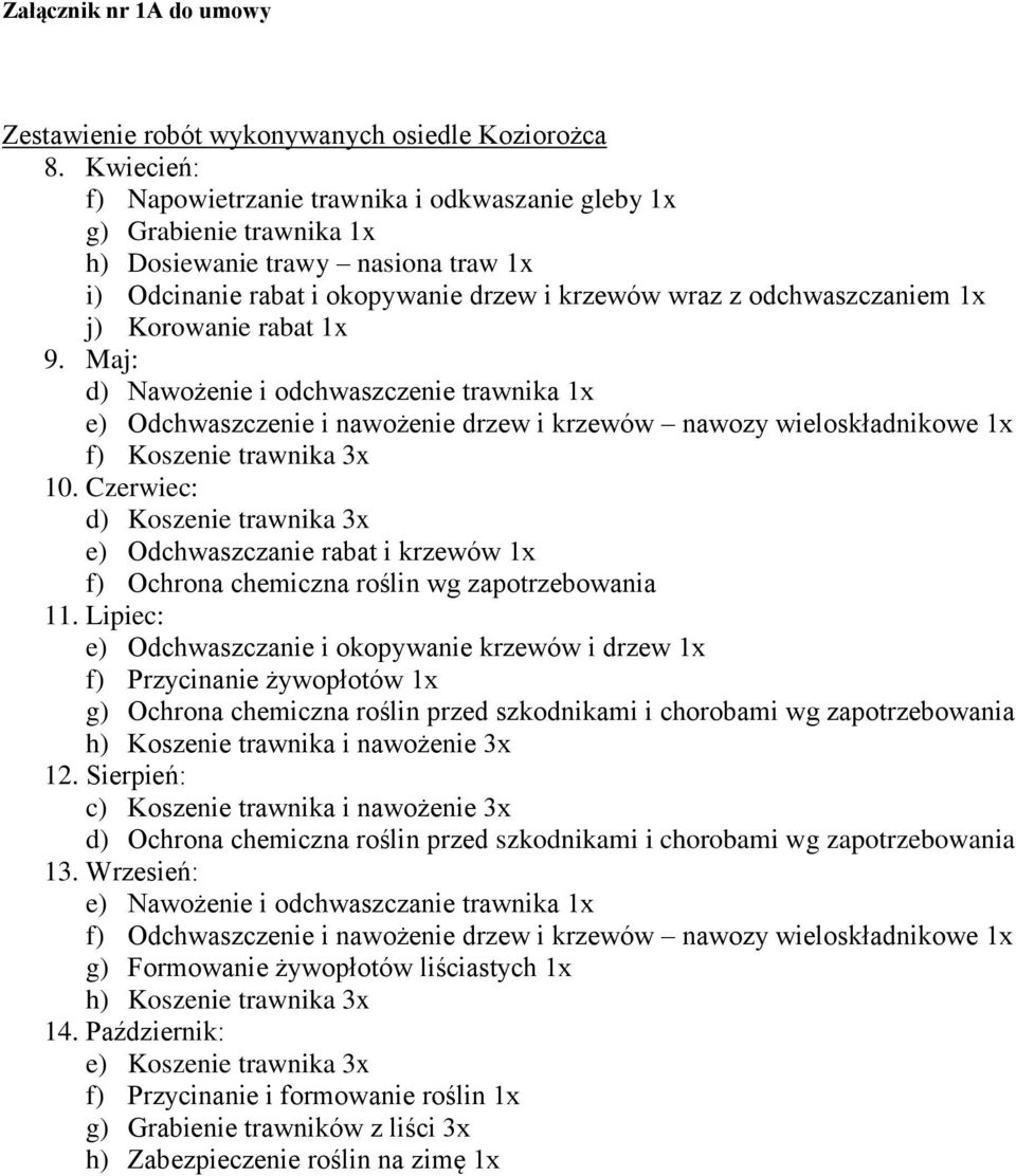 Korowanie rabat 1x 9. Maj: d) Nawożenie i odchwaszczenie trawnika 1x e) Odchwaszczenie i nawożenie drzew i krzewów nawozy wieloskładnikowe 1x f) Koszenie trawnika 3x 10.