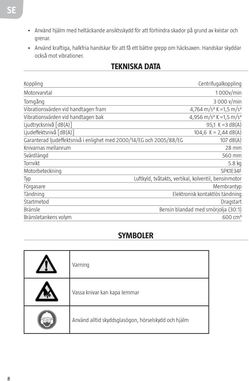TEKNISKA DATA Koppling Motorvarvtal Centrifugalkoppling 1 000v/min Tomgång 3 000 v/min Vibrationsvärden vid handtagen fram 4,764 m/s² K =1,5 m/s² Vibrationsvärden vid handtagen bak 4,956 m/s² K =1,5