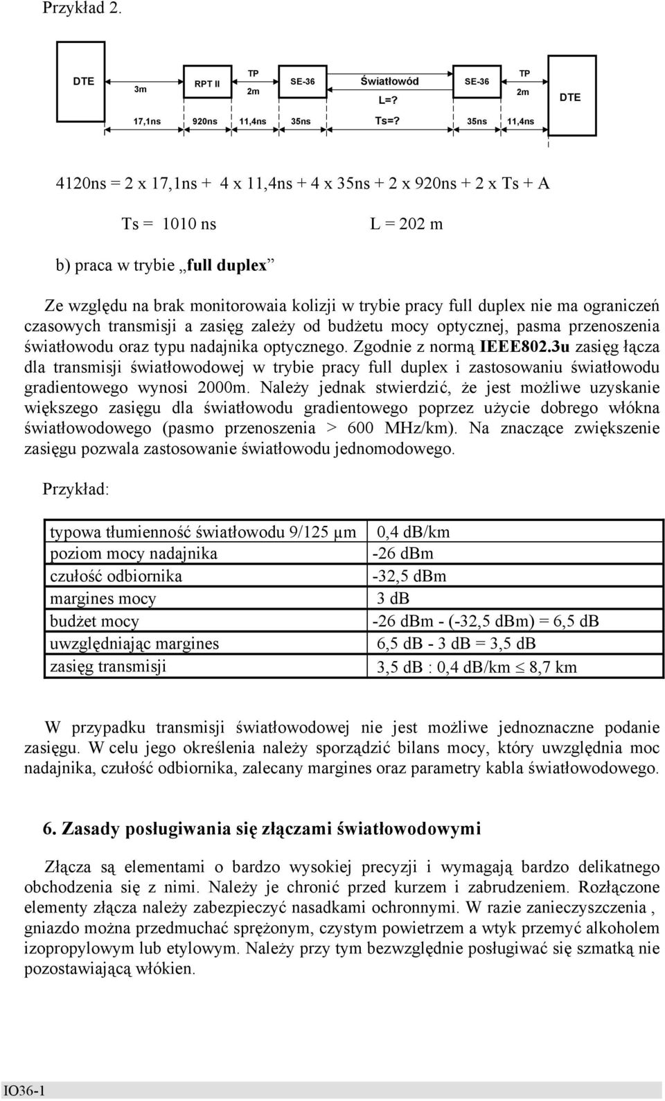 duplex nie ma ograniczeń czasowych transmisji a zasięg zależy od budżetu mocy optycznej, pasma przenoszenia światłowodu oraz typu nadajnika optycznego. Zgodnie z normą IEEE802.