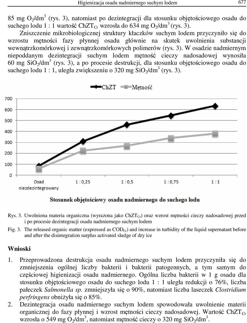 Zniszczenie mikrobiologicznej struktury kłaczków suchym lodem przyczyniło się do wzrostu mętności fazy płynnej osadu głównie na skutek uwolnienia substancji wewnątrzkomórkowej i zewnątrzkomórkowych