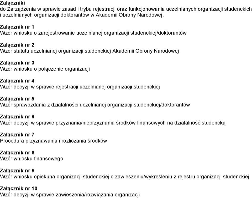 Wzór wniosku o połączenie organizacji Załącznik nr 4 Wzór decyzji w sprawie rejestracji uczelnianej organizacji studenckiej Załącznik nr 5 Wzór sprawozdania z działalności uczelnianej organizacji