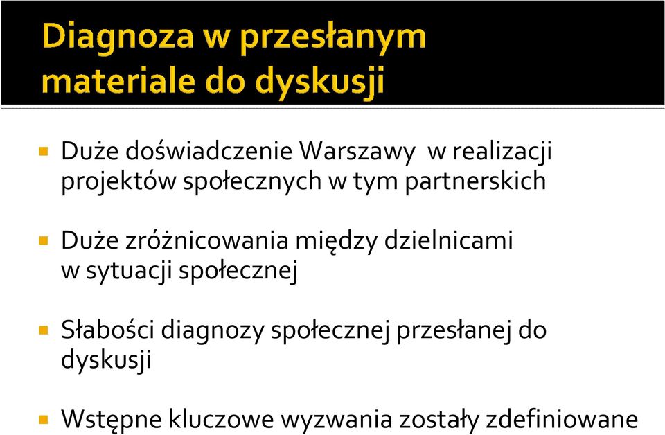 dzielnicami w sytuacji społecznej Słabości diagnozy