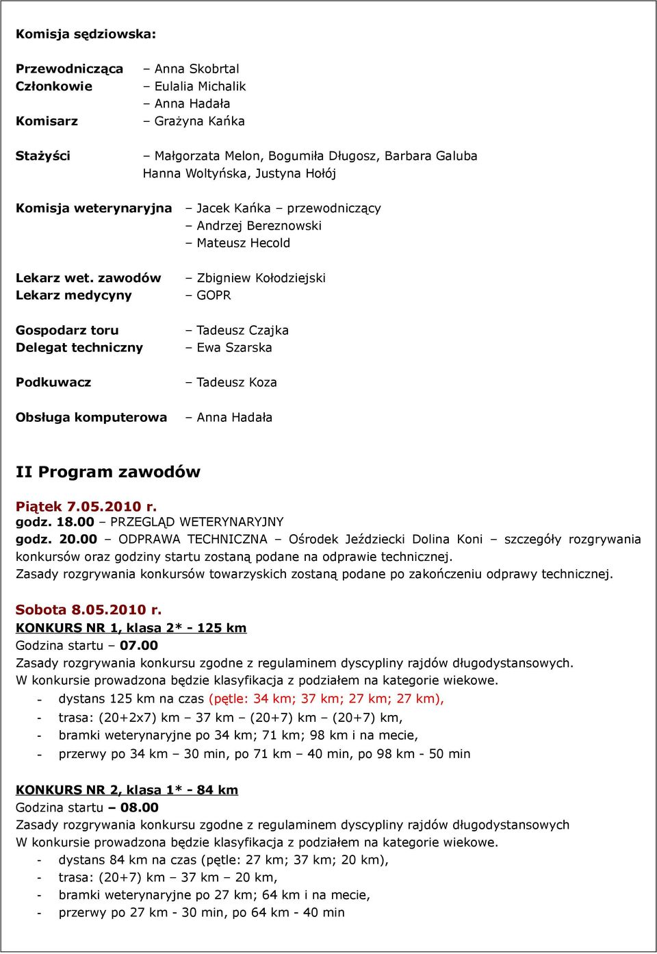 zawodów Lekarz medycyny Zbigniew Kołodziejski GOPR Gospodarz toru Delegat techniczny Tadeusz Czajka Ewa Szarska Podkuwacz Tadeusz Koza Obsługa komputerowa Anna Hadała II Program zawodów Piątek 7.05.