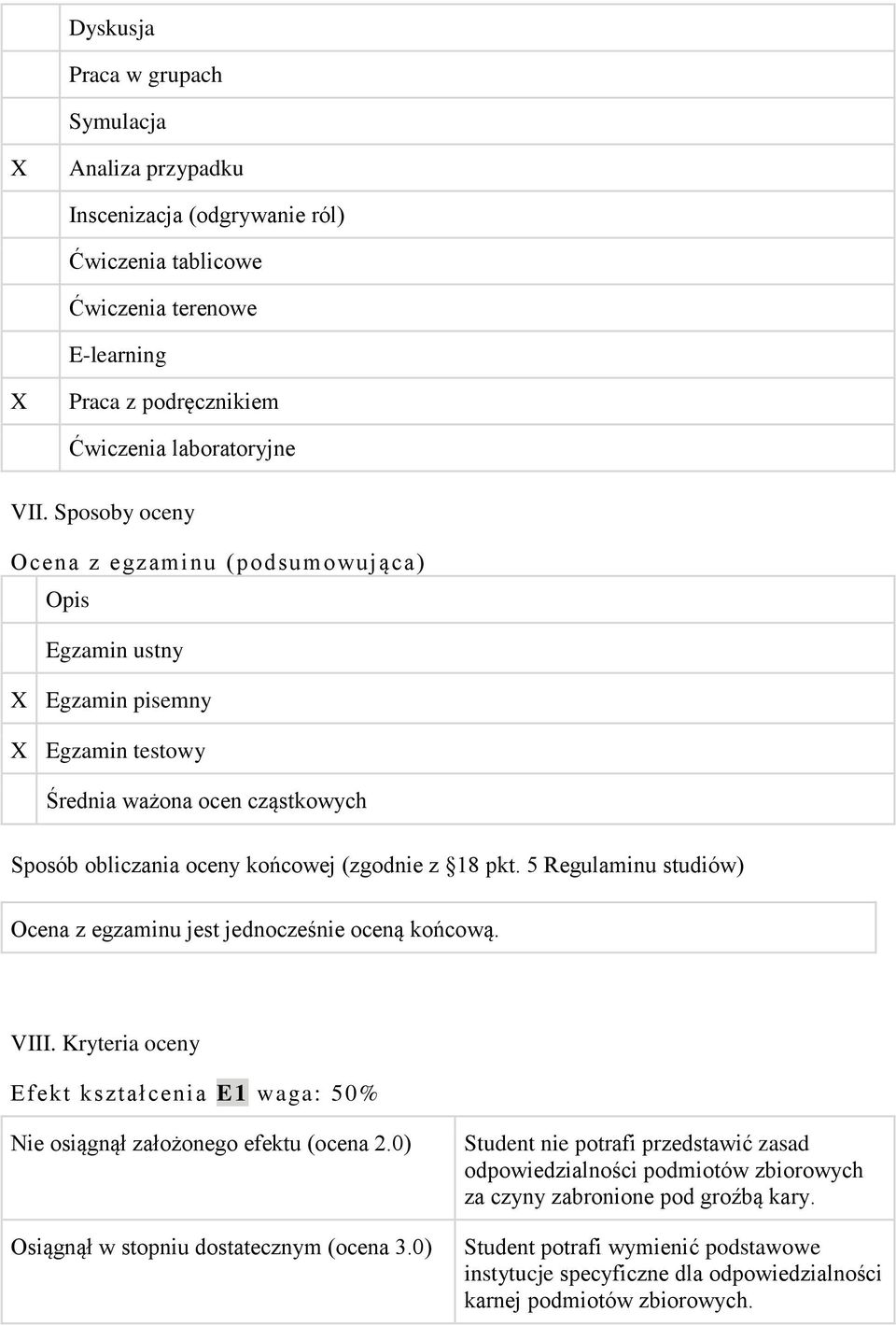 5 Regulaminu studiów) Ocena z egzaminu jest jednocześnie oceną końcową. VIII. Kryteria oceny Efekt kształcenia E1 waga: 50% Nie osiągnął założonego efektu (ocena 2.