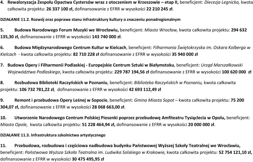 Budowa Narodowego Forum Muzyki we Wrocławiu, beneficjent: Miasto Wrocław, kwota całkowita projektu: 294 632 135,30 zł, dofinansowanie z EFRR w wysokości 143 740 000 zł. 6. Budowa Międzynarodowego Centrum Kultur w Kielcach, beneficjent: Filharmonia Świętokrzyska im.