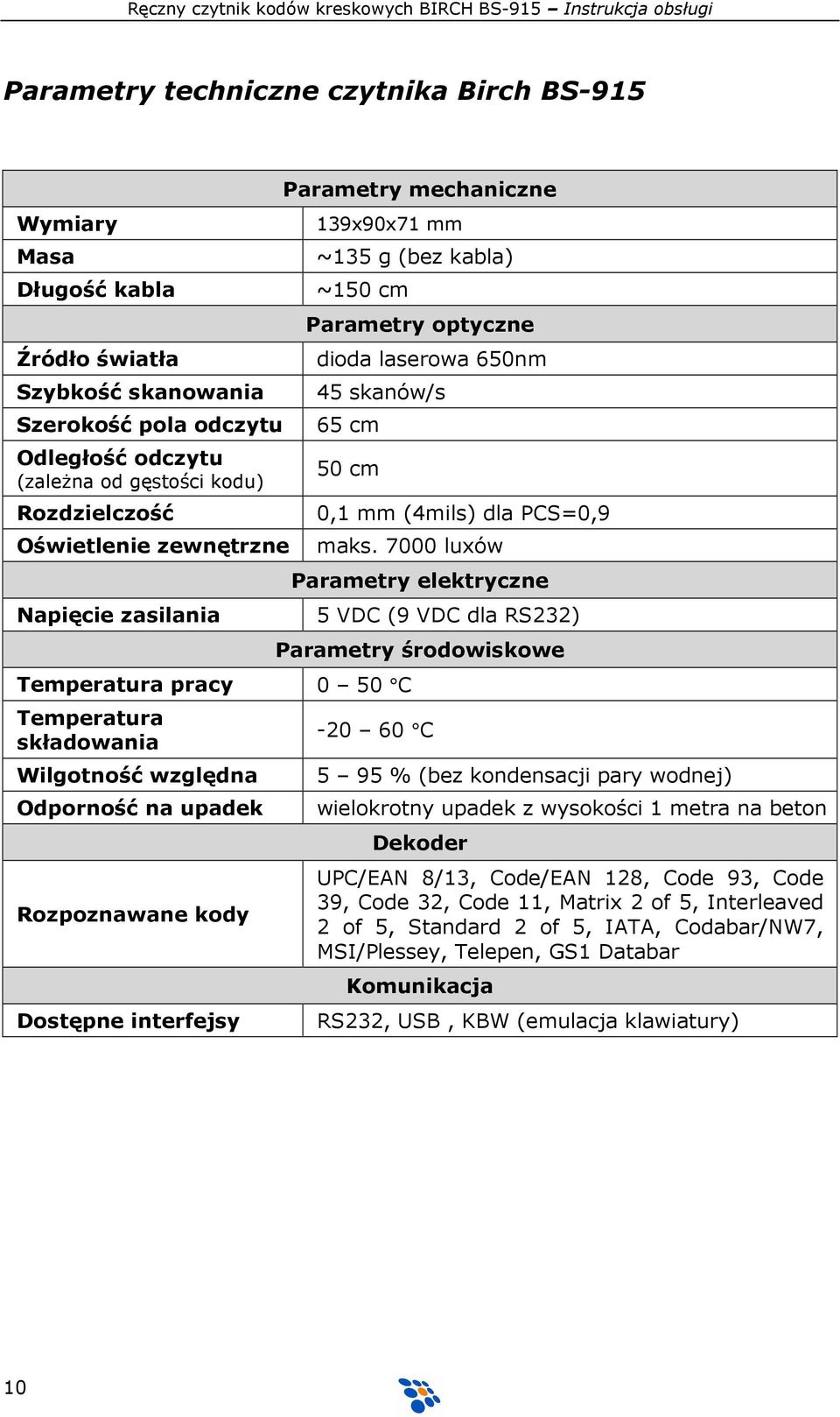 7000 luxów Napięcie zasilania Temperatura pracy 0 50 C Temperatura składowania Wilgotność względna Odporność na upadek Rozpoznawane kody Dostępne interfejsy Parametry elektryczne 5 VDC (9 VDC dla