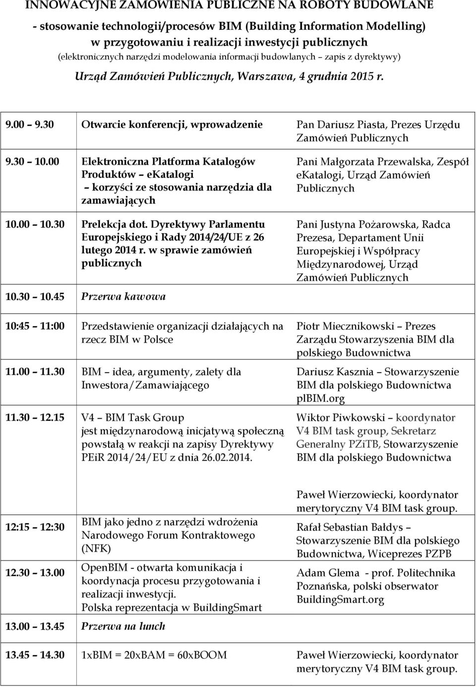 30 Otwarcie konferencji, wprowadzenie Pan Dariusz Piasta, Prezes Urzędu Zamówień Publicznych 9.30 10.