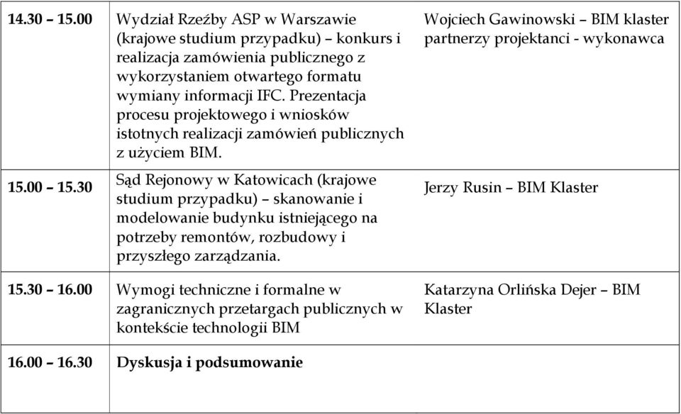 30 Sąd Rejonowy w Katowicach (krajowe studium przypadku) skanowanie i modelowanie budynku istniejącego na potrzeby remontów, rozbudowy i przyszłego zarządzania. 15.30 16.