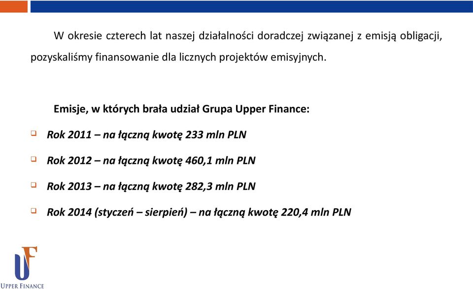 Emisje, w których brała udział Grupa Upper Finance: Rok 2011 na łączną kwotę 233 mln PLN Rok