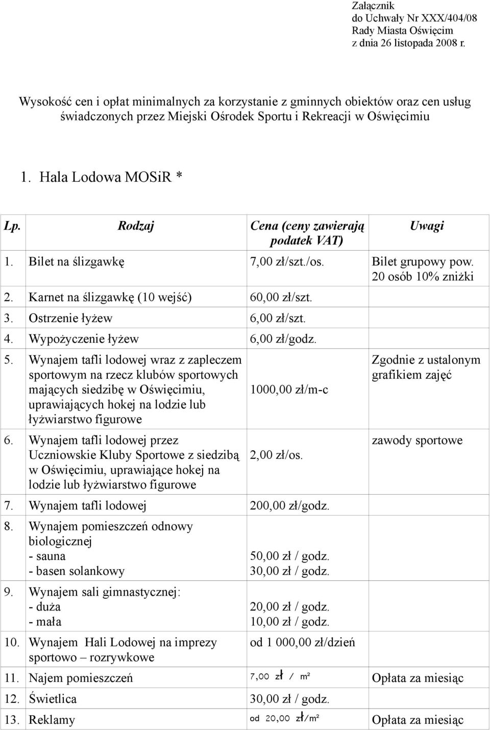 Rodzaj Cena (ceny zawierają podatek 1. Bilet na ślizgawkę 7,00 zł/szt./os. Bilet grupowy pow. 20 osób 10% zniżki 2. Karnet na ślizgawkę (10 wejść) 60,00 zł/szt. 3. Ostrzenie łyżew 6,00 zł/szt. 4.