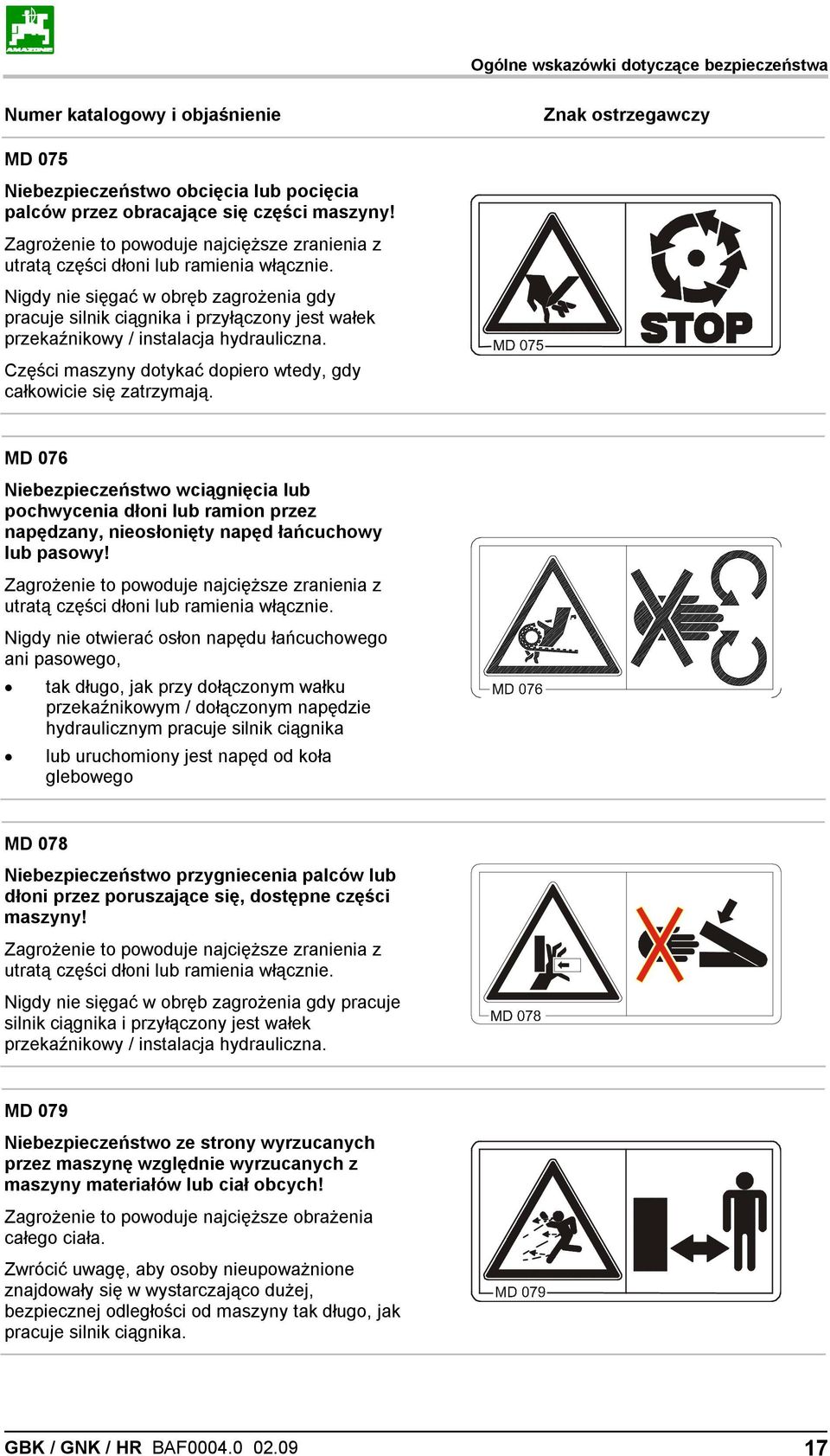 Nigdy nie sięgać w obręb zagrożenia gdy pracuje silnik ciągnika i przyłączony jest wałek przekaźnikowy / instalacja hydrauliczna. Części maszyny dotykać dopiero wtedy, gdy całkowicie się zatrzymają.