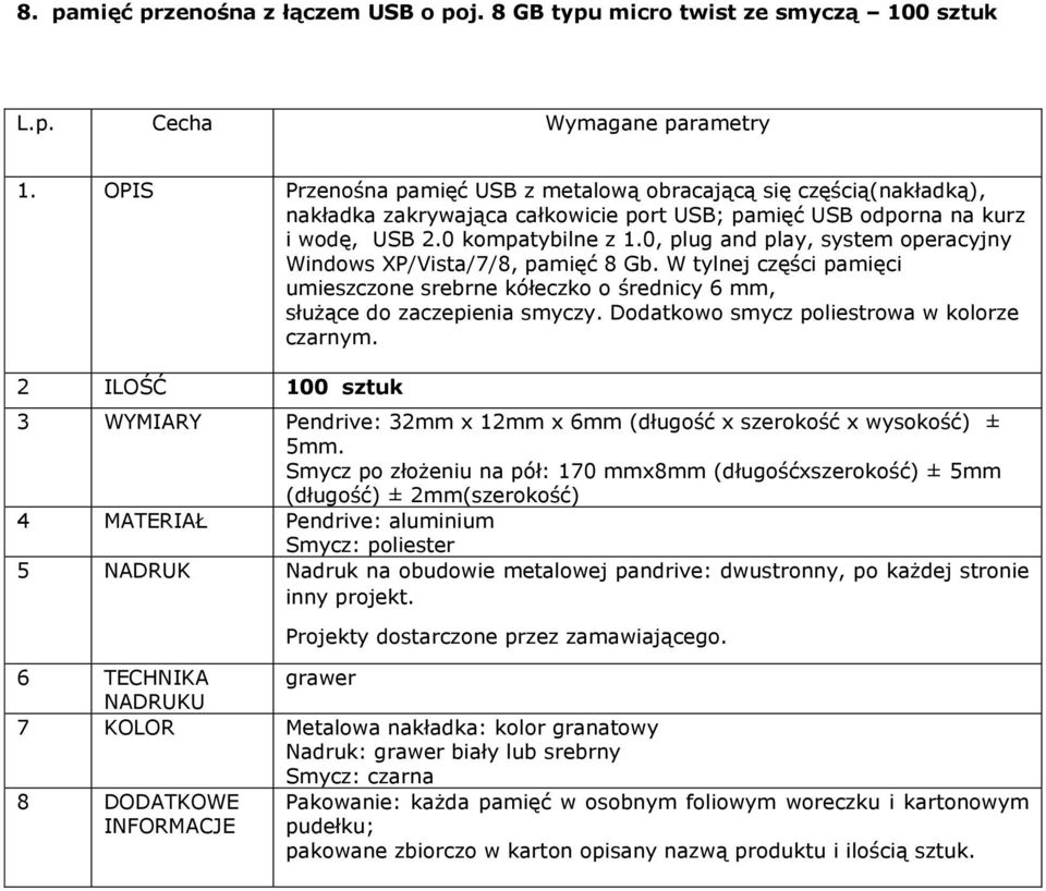 0, plug and play, system operacyjny Windows XP/Vista/7/8, pamięć 8 Gb. W tylnej części pamięci umieszczone srebrne kółeczko o średnicy 6 mm, służące do zaczepienia smyczy.