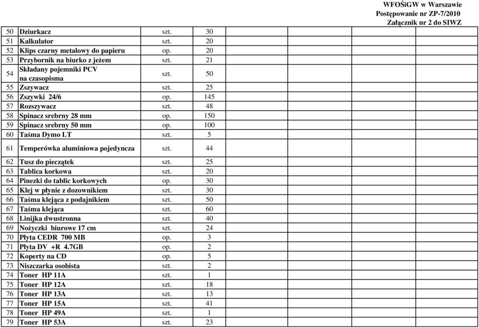 44 62 Tusz do pieczątek szt. 25 63 Tablica korkowa szt. 20 64 Pinezki do tablic korkowych op. 30 65 Klej w płynie z dozownikiem szt. 30 66 Taśma klejąca z podajnikiem szt. 50 67 Taśma klejąca szt.