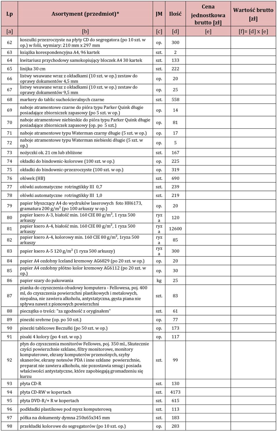 ) zestaw do oprawy dokumentów 4,5 mm listwy wsuwane wraz z okładkami (10 szt. w op.) zestaw do oprawy dokumentów 9,5 mm op. 20 op. 25 68 markery do tablic suchościeralnych czarne szt.