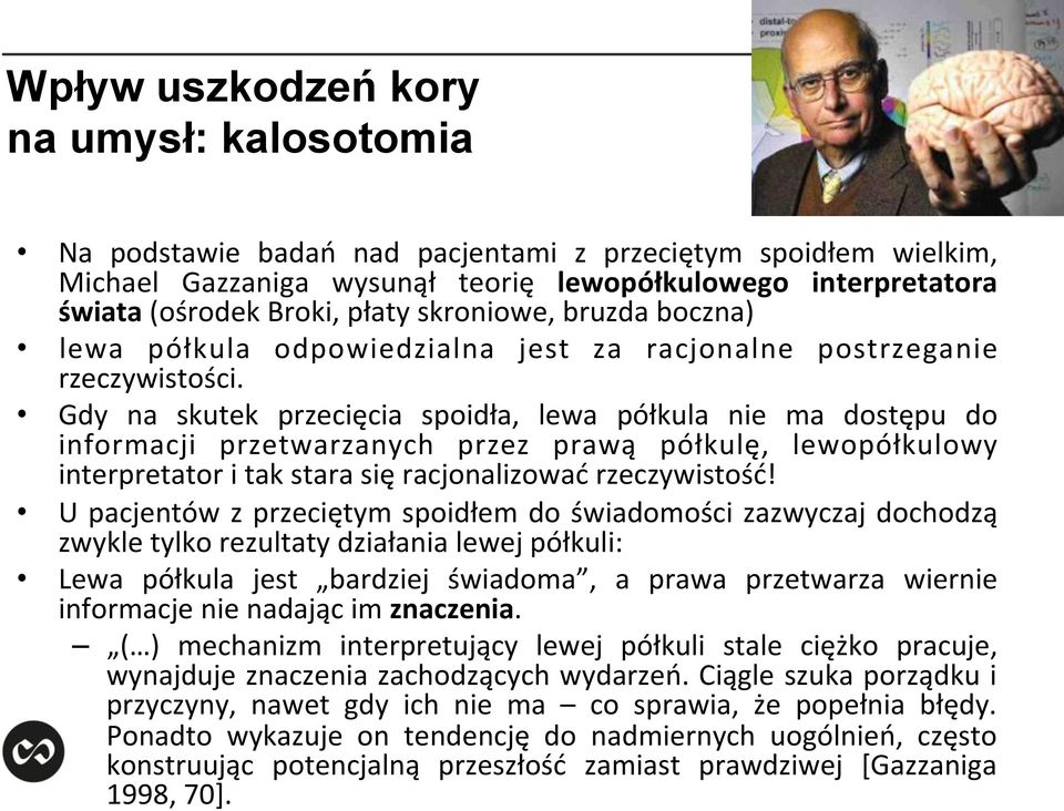 Gdy na skutek przecięcia spoidła, lewa półkula nie ma dostępu do informacji przetwarzanych przez prawą półkulę, lewopółkulowy interpretator i tak stara się racjonalizować rzeczywistość!