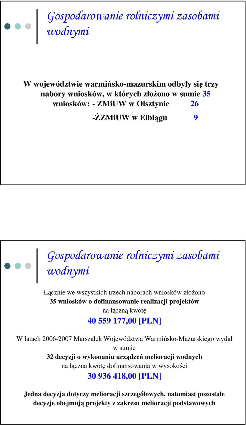 łączną kwotę 40 559 177,00 [PLN] W latach 2006-2007 Marszałek Województwa Warmińsko-Mazurskiego wydał w sumie 32 decyzji o wykonaniu urządzeń melioracji wodnych na łączną