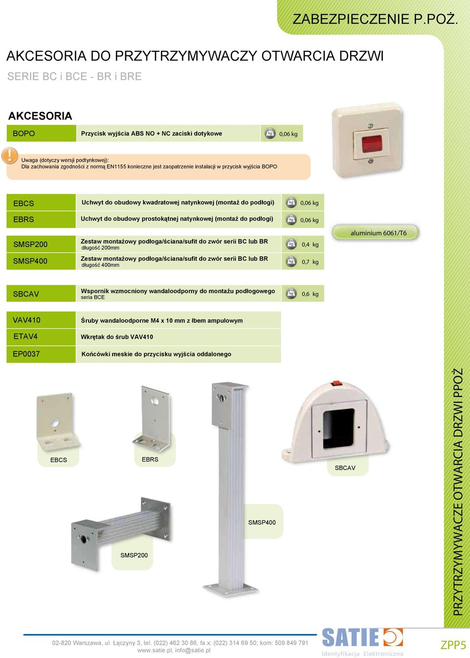 z normą EN1155 konieczne jest zaopatrzenie instalacji w przycisk wyjścia BOPO EBCS Uchwyt do obudowy kwadratowej natynkowej (montaż do podłogi) 0,06 kg EBRS Uchwyt do obudowy prostokątnej natynkowej